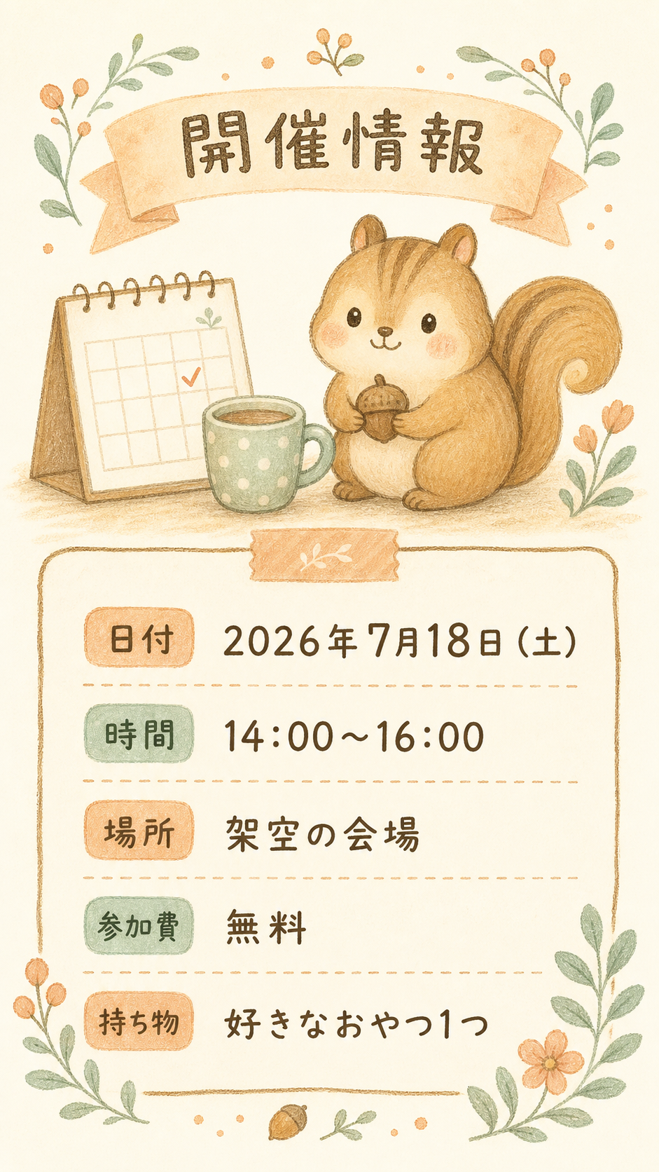 開催情報。日付は2026年7月18日土曜日、時間は14時から16時、場所は架空の会場、参加費は無料、持ち物は好きなおやつ1つ。