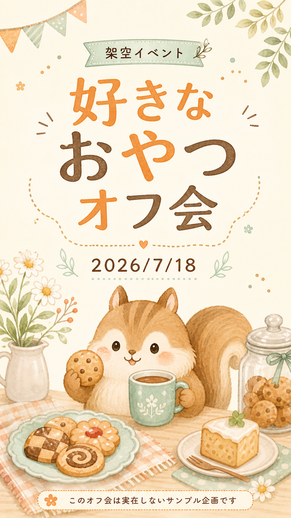 架空イベント 好きなおやつオフ会。2026年7月18日。リスがおやつと飲み物を囲んでいる手描きイラスト。